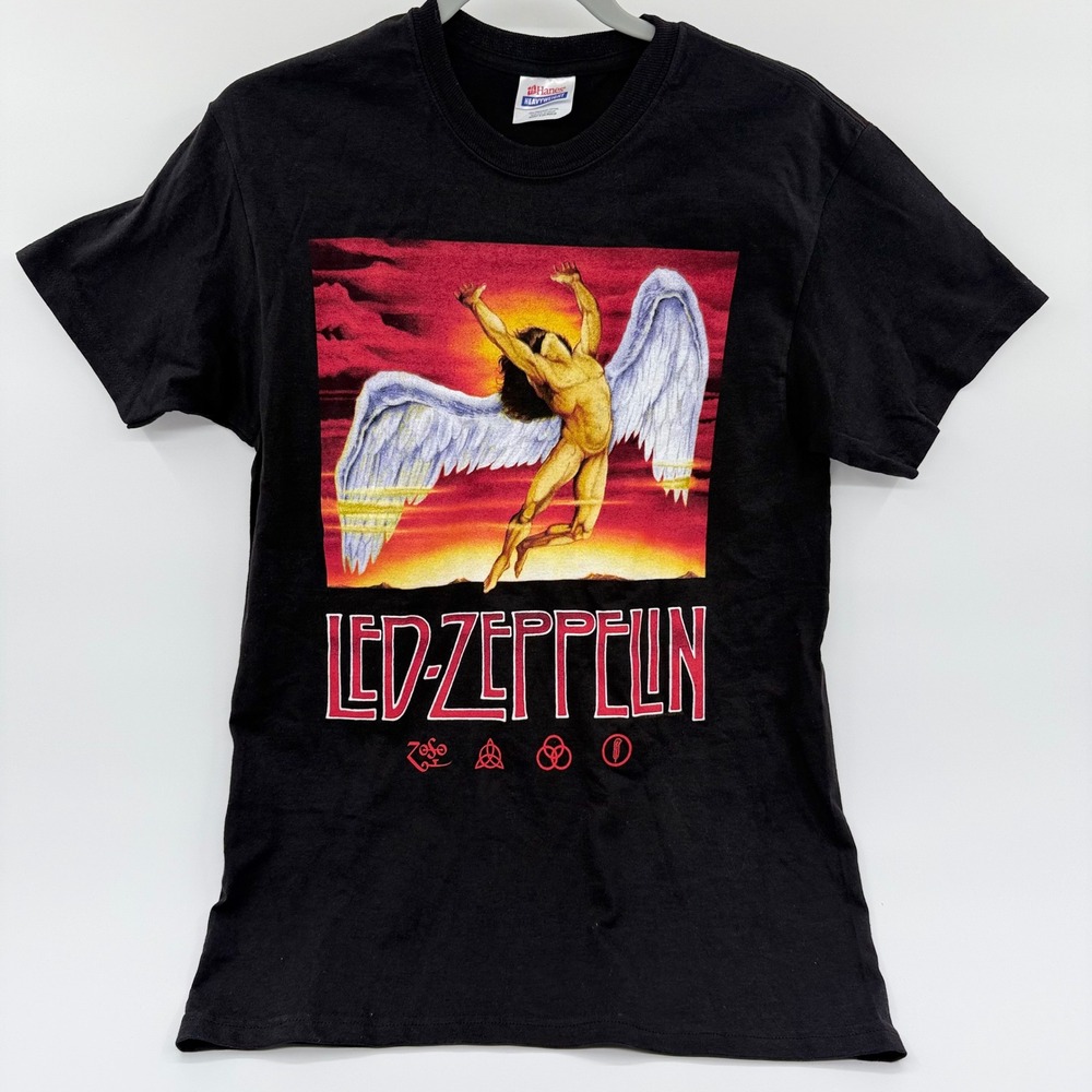 Led Zeppelin Swan Song Icarus Graphic T-Shirt Black Hanes Heavyweight Mens Small